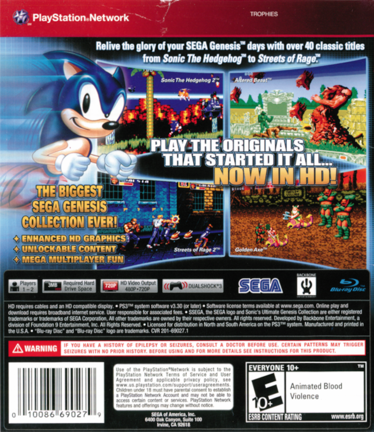 Sonic's Ultimate Genesis Collection [Greatest Hits] back cover art for PlayStation 3 video game. 