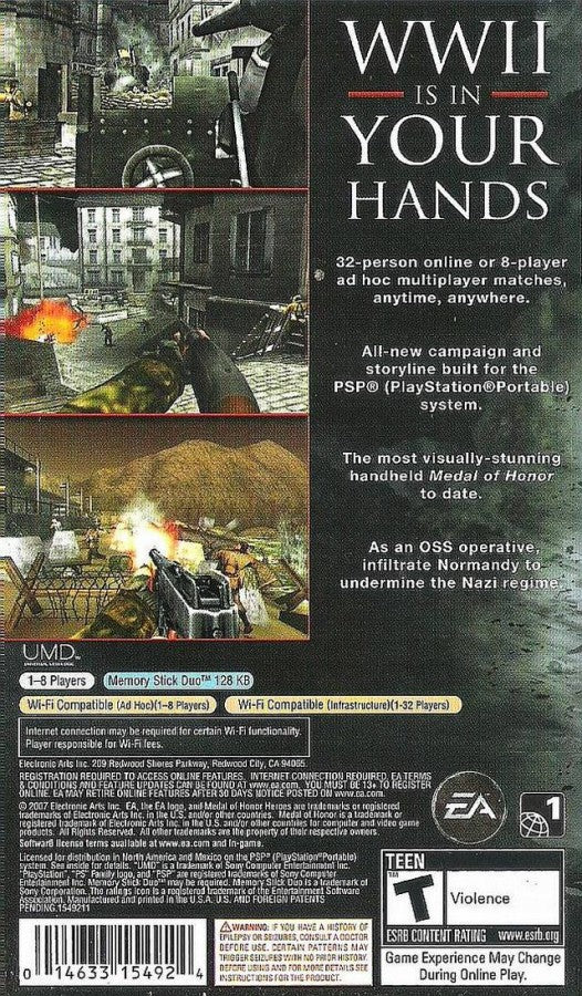 Medal of Honor Heroes 2 Greatest Hits for PlayStation Portable, back of case for a first-person shooter video game with World War II combat, mission-based gameplay, multiplayer modes, and military action