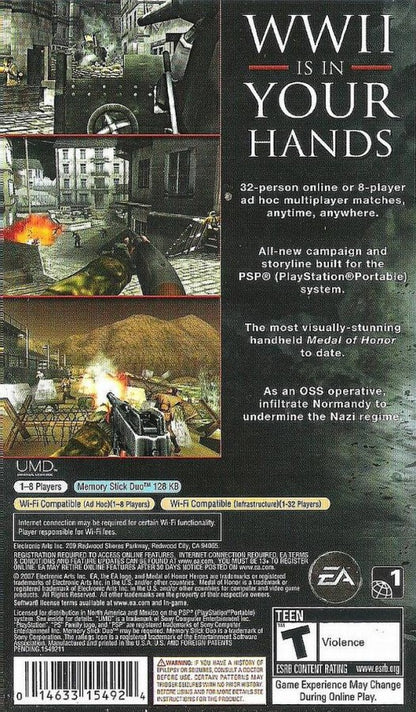 Medal of Honor Heroes 2 Greatest Hits for PlayStation Portable, back of case for a first-person shooter video game with World War II combat, mission-based gameplay, multiplayer modes, and military action
