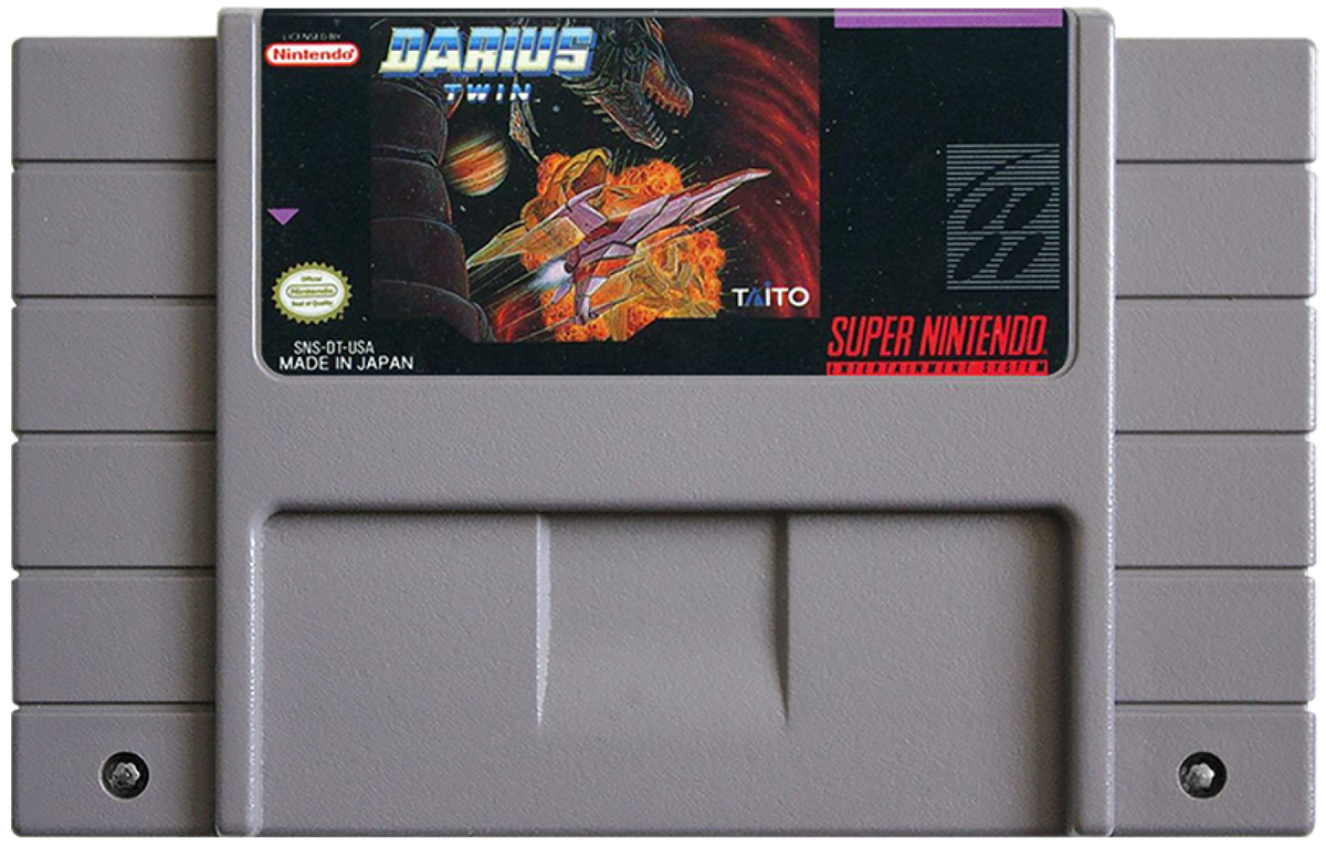 Darius Twin Super Nintendo Entertainment System SNES retro video game shoot em up action featuring side scrolling space combat challenging enemy waves powerful weapons futuristic spacecraft gameplay classic 16 bit graphics Super Nintendo gaming experience retro game collection appeal cartridge