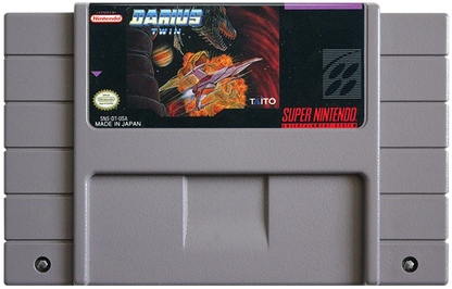 Darius Twin Super Nintendo Entertainment System SNES retro video game shoot em up action featuring side scrolling space combat challenging enemy waves powerful weapons futuristic spacecraft gameplay classic 16 bit graphics Super Nintendo gaming experience retro game collection appeal cartridge
