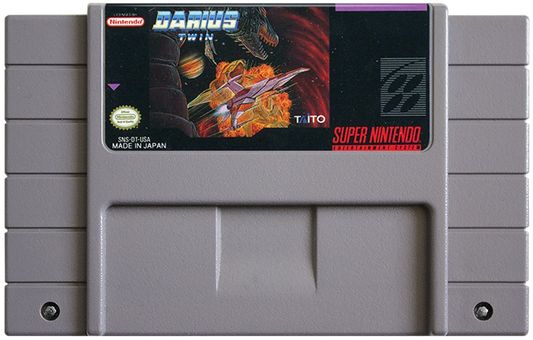 Darius Twin Super Nintendo Entertainment System SNES retro video game shoot em up action featuring side scrolling space combat challenging enemy waves powerful weapons futuristic spacecraft gameplay classic 16 bit graphics Super Nintendo gaming experience retro game collection appeal cartridge