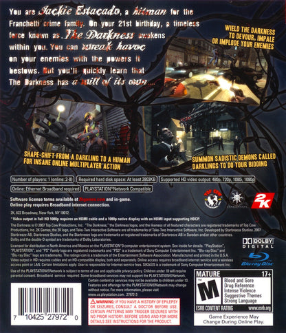 The Darkness PlayStation 3 PS3 for retro video game enthusiasts featuring first person shooter gameplay supernatural horror powers dark comic book inspired storytelling intense gunplay cinematic action immersive urban environments and collectible gaming appeal back cover 