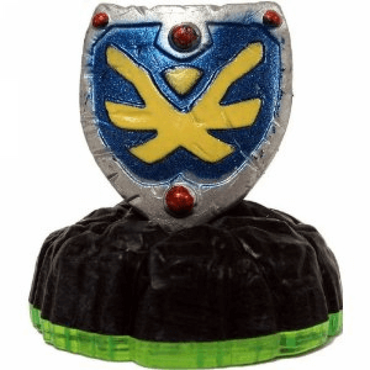 Sky-Iron Shield Skylanders Spyro’s Adventure magic item figure, metallic shield with winged design on portal base, grants defensive protection in-game, collectible accessory from Skylanders Spyro’s Adventure series