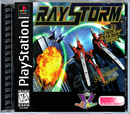 RayStorm PlayStation 1 PS1 3D arcade spaceship shoot 'em up vertical arcade-style shmup port lock-on targeting system shooter arcade port high difficulty sci-fi graphics explosions boss fights music ray series giant ships cover art