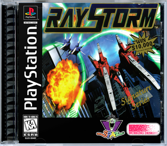 RayStorm PlayStation 1 PS1 3D arcade spaceship shoot 'em up vertical arcade-style shmup port lock-on targeting system shooter arcade port high difficulty sci-fi graphics explosions boss fights music ray series giant ships cover art