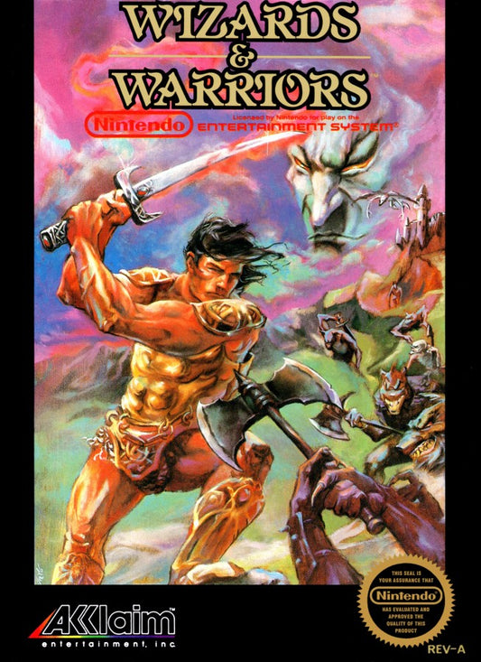 Wizards & Warriors Complete in Box CIB Nintendo Entertainment System NES for retro video game enthusiasts featuring action platforming gameplay fantasy adventure heroic warrior combat magical environments treasure collecting challenging enemies complete in box collectible gaming appeal front cover