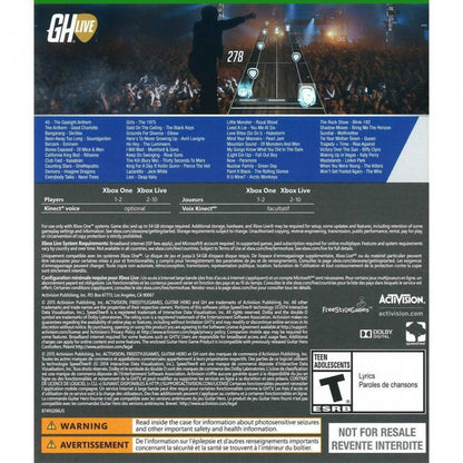 Guitar Hero Live Xbox One game featuring innovative live action concert gameplay, redesigned guitar controller support, and rhythm based music action back cover