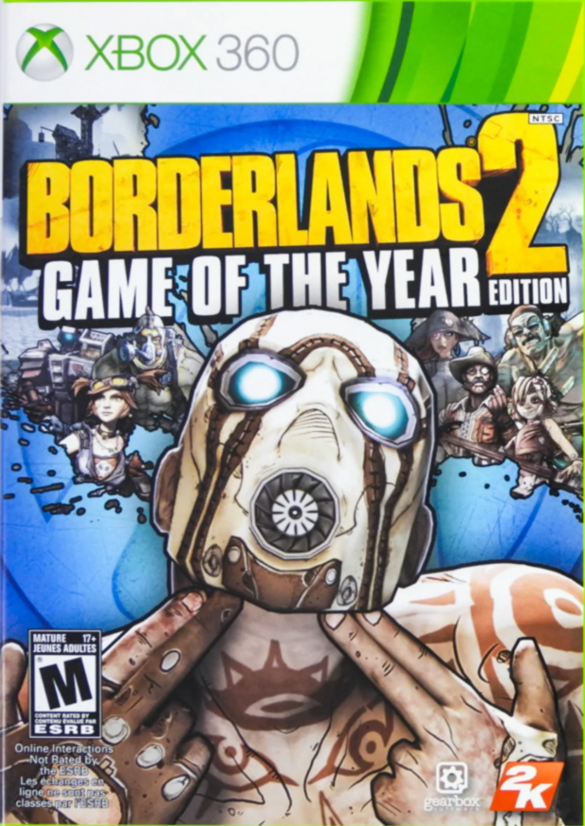 Borderlands 2 Game of the Year GOTY Edition Xbox 360 first-person shooter looter-shooter RPG with co-op gameplay cel-shaded art style vault hunting and extensive DLC content front cover