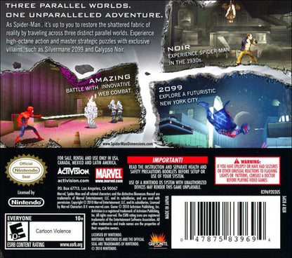 Spider-Man: Shattered Dimensions for Nintendo DS action adventure video game featuring multiple Spider-Man versions, web-swinging combat, villain battles, puzzle platforming, and stylus driven handheld gameplay experience back cover