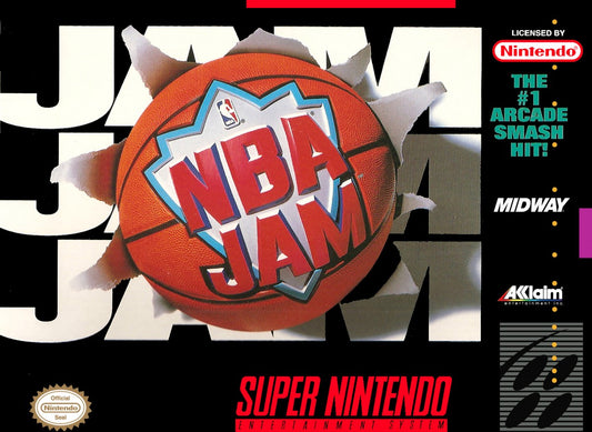 NBA Jam Super Nintendo Entertainment System SNES arcade basketball video game over the top two on two fast paced action turbo button flaming nets hang time dunks secret players multiplayer Midway 90s sports classic original arcade version front box cover