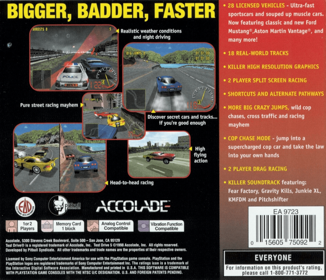 Test Drive 5 PlayStation 1 game featuring arcade racing action and high-speed car challenges on PS1 back cover