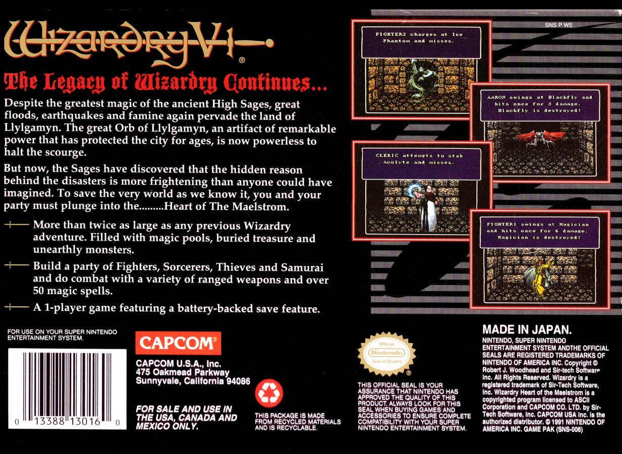 Wizardry V Heart of the Maelstrom retro SNES video game Wizardry fantasy role playing dungeon crawler turn based combat classic RPG adventure console title Super Nintendo release back of case