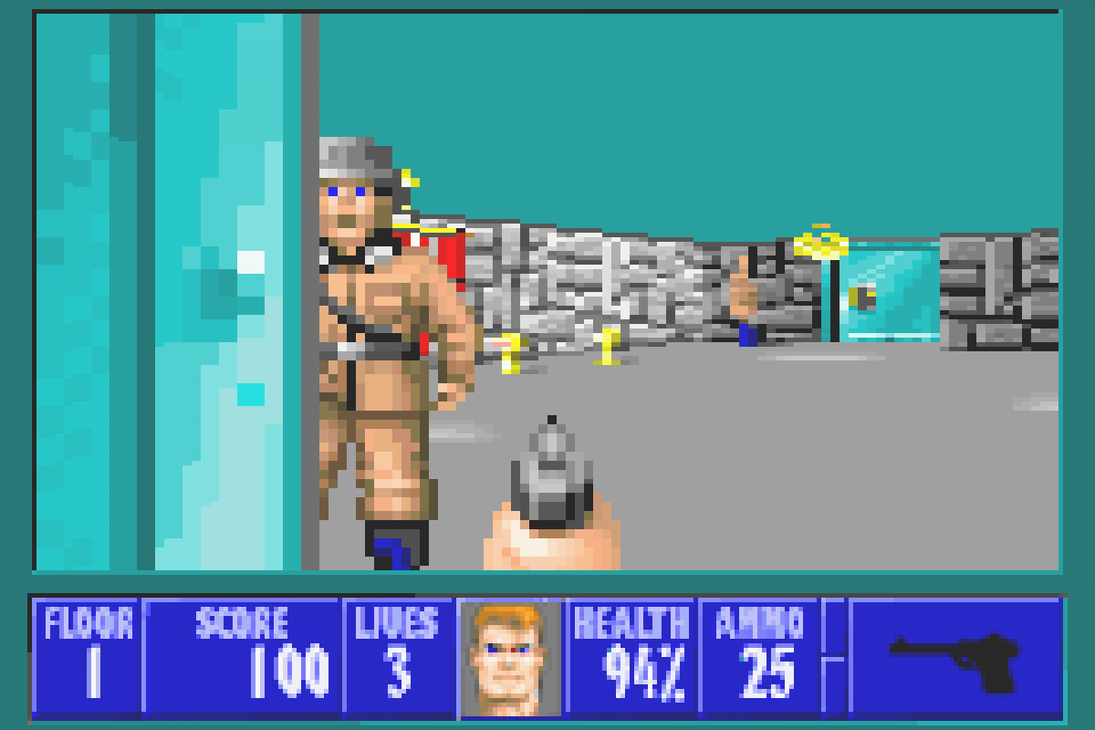 Wolfenstein 3D Game Boy Advance GBA video game featuring first person shooter gameplay Nazi fortress exploration weapon combat enemy encounters secret rooms mission based action and classic handheld gaming retro video game collection collectible gaming appeal gameplay