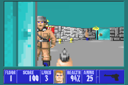 Wolfenstein 3D Game Boy Advance GBA video game featuring first person shooter gameplay Nazi fortress exploration weapon combat enemy encounters secret rooms mission based action and classic handheld gaming retro video game collection collectible gaming appeal gameplay
