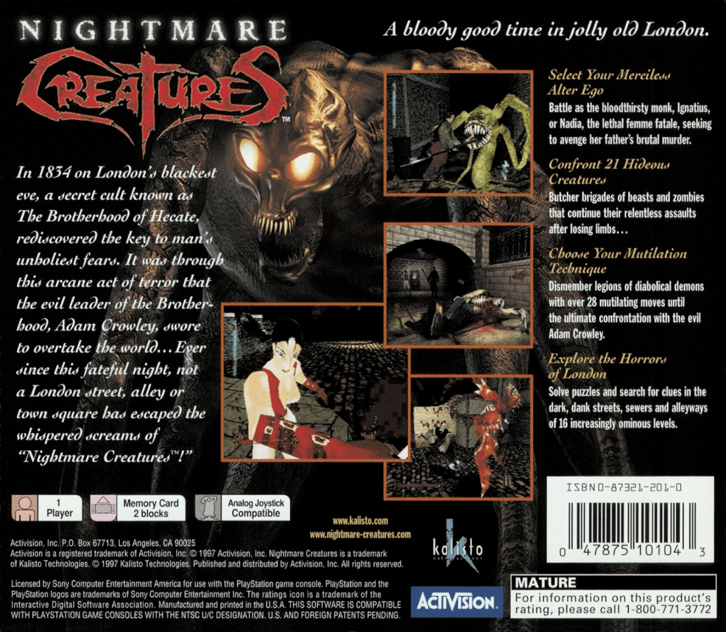 Nightmare Creatures back of case for PlayStation 1 (PS1) retro video game