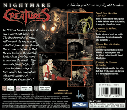 Nightmare Creatures back of case for PlayStation 1 (PS1) retro video game