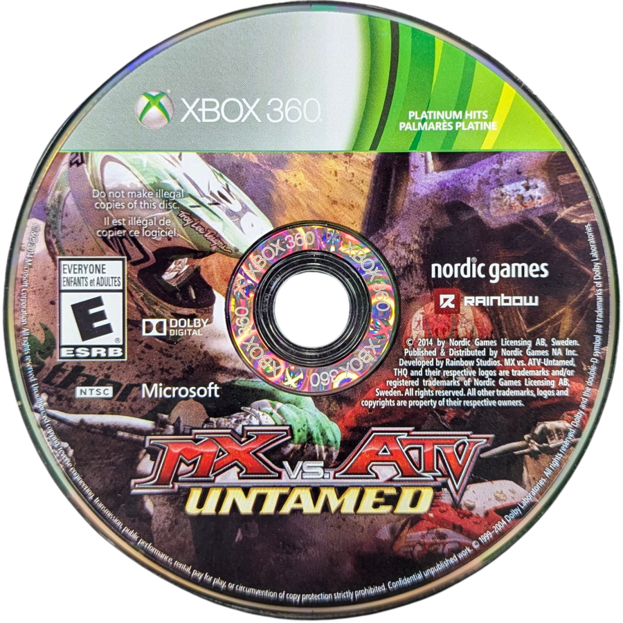 MX vs ATV Untamed Platinum Hits Xbox 360 off-road racing video game X-Cross tournament bringing together eight racing series monster trucks trophy trucks ORV sport vehicles professional riders Ricky Carmichael Chad Reed Rhythm Racing physics engine power slides whips scrubs massive outdoor environments customization online multiplayer competition disc