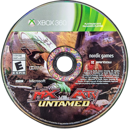 MX vs ATV Untamed Platinum Hits Xbox 360 off-road racing video game X-Cross tournament bringing together eight racing series monster trucks trophy trucks ORV sport vehicles professional riders Ricky Carmichael Chad Reed Rhythm Racing physics engine power slides whips scrubs massive outdoor environments customization online multiplayer competition disc