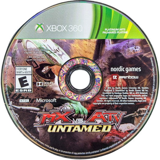 MX vs ATV Untamed Platinum Hits Xbox 360 off-road racing video game X-Cross tournament bringing together eight racing series monster trucks trophy trucks ORV sport vehicles professional riders Ricky Carmichael Chad Reed Rhythm Racing physics engine power slides whips scrubs massive outdoor environments customization online multiplayer competition disc