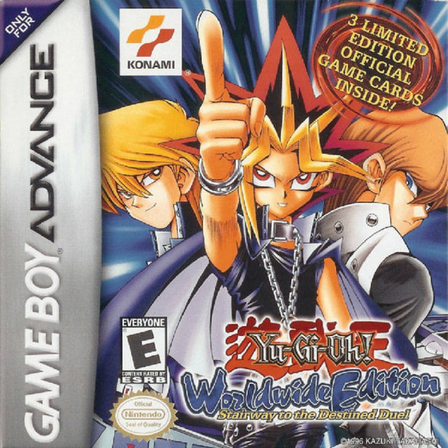 Yu-Gi-Oh Worldwide Edition Stairway to the Destined Duel for Game Boy Advance, cover image for a retro video game featuring strategy card battles, deck-building gameplay, turn-based duels, collectible cards, and anime-inspired competition