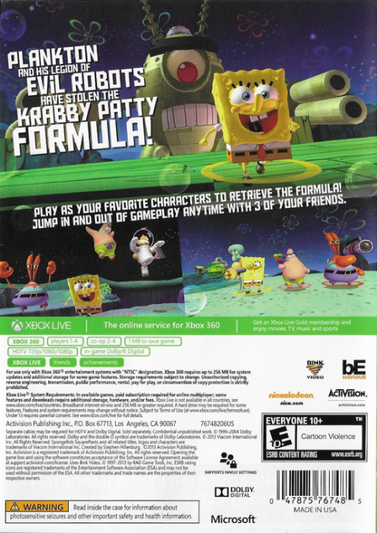 SpongeBob SquarePants: Plankton's Robotic Revenge back of case for Xbox 360 (X360) action-adventure platformer video game