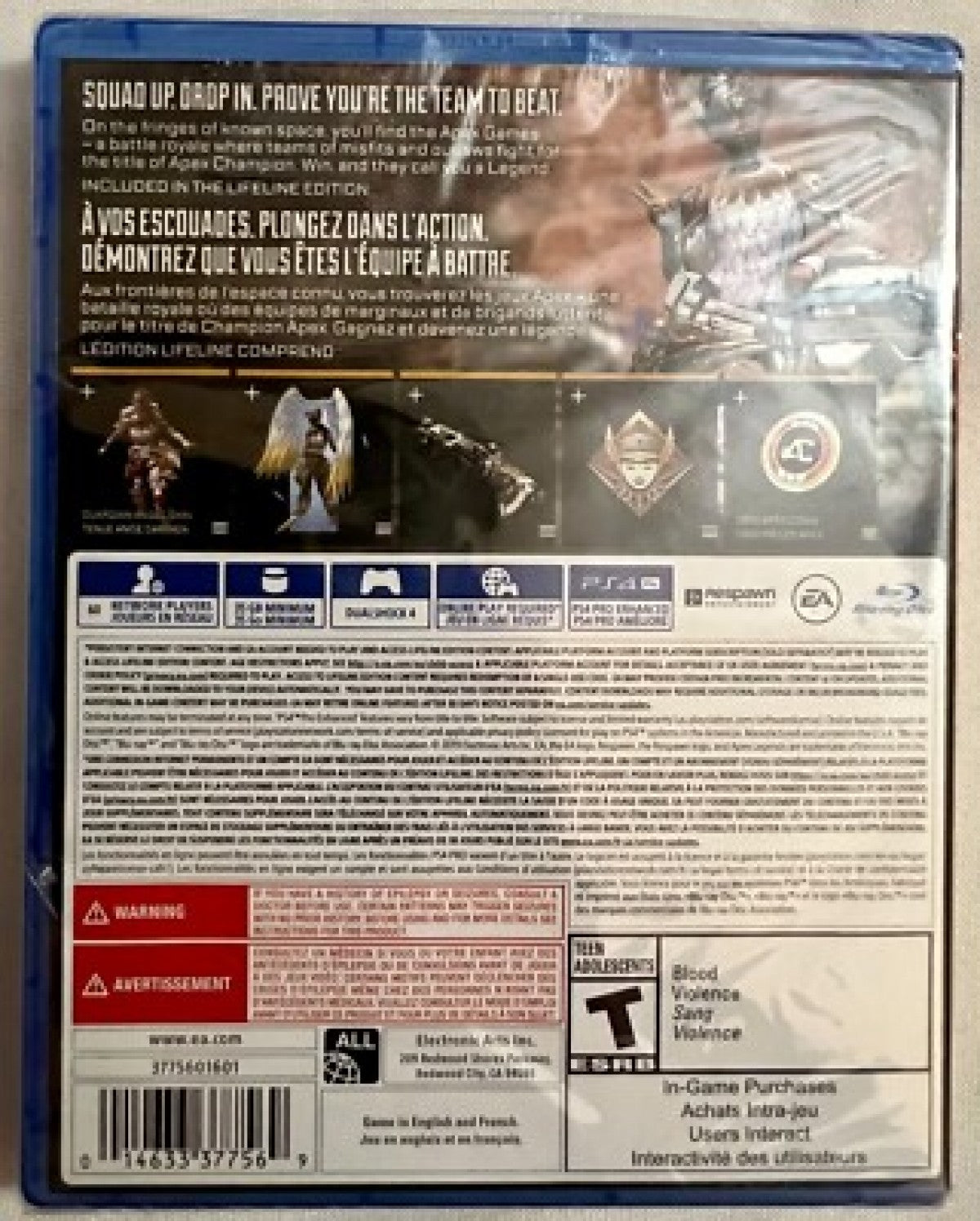 Apex Legends Lifeline Edition PlayStation 4 game featuring battle royale action and exclusive Lifeline cosmetic content no code included back cover