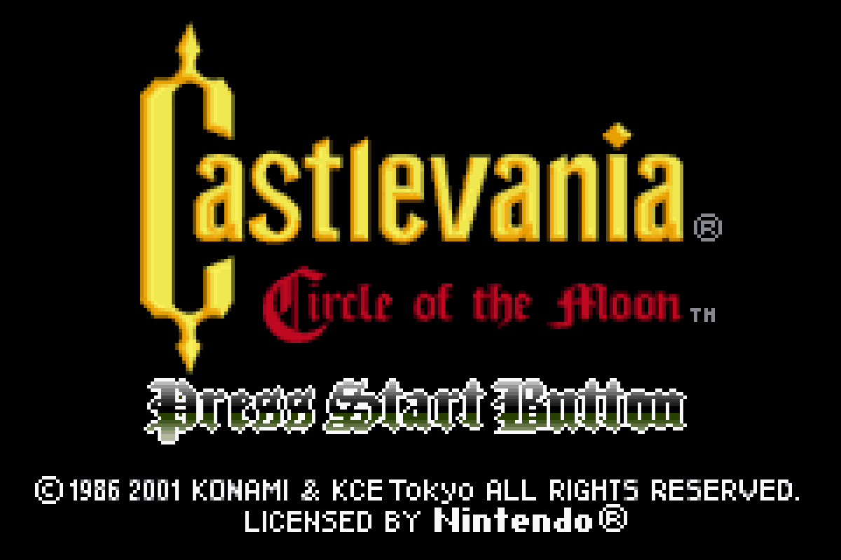 Castlevania: Circle of the Moon Nintendo Game Boy Advance GBA for action adventure metroidvania retro video game fans featuring vampire hunting gothic castles platforming exploration magical abilities powerful weapons challenging bosses classic handheld gaming collectible gaming appeal title screen