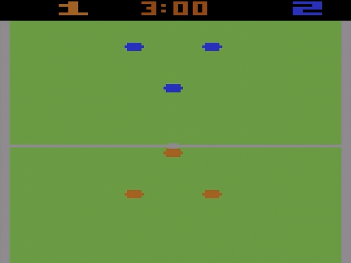 Championship Soccer for Atari 2600, gameplay for a soccer sports video game with arcade-style gameplay, team-based competition, retro controls, and classic football action