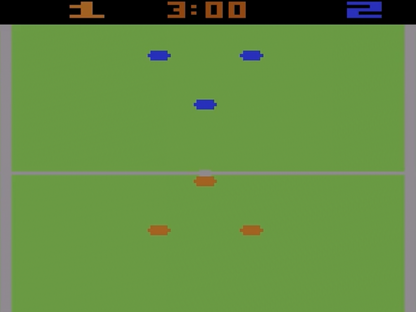 Championship Soccer for Atari 2600, gameplay for a soccer sports video game with arcade-style gameplay, team-based competition, retro controls, and classic football action