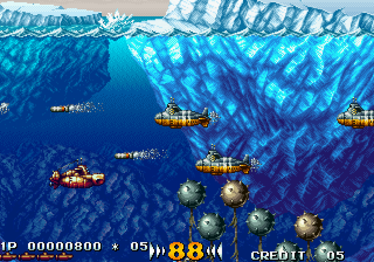 In The Hunt arcade Sega Saturn side scrolling submarine shooter underwater combat military sci fi action giant mechanical enemies explosive torpedoes Irem arcade port retro gaming Sega Saturn software video game title gameplay