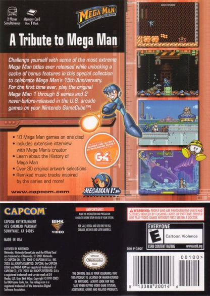 Mega Man Anniversary Collection GameCube classic compilation featuring multiple Mega Man games with retro platforming action and bonus content back cover