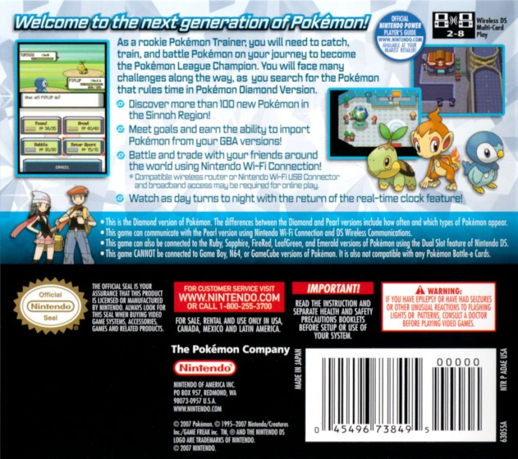 Pokémon Diamond back of case for Nintendo DS (DS) Pokémon RPG adventure video game