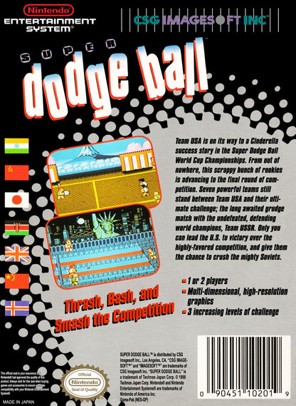 Super Dodge Ball cartridge for the Nintendo Entertainment System featuring 8 bit sports action with fast paced dodgeball gameplay multiple teams and competitive multiplayer matches back cover