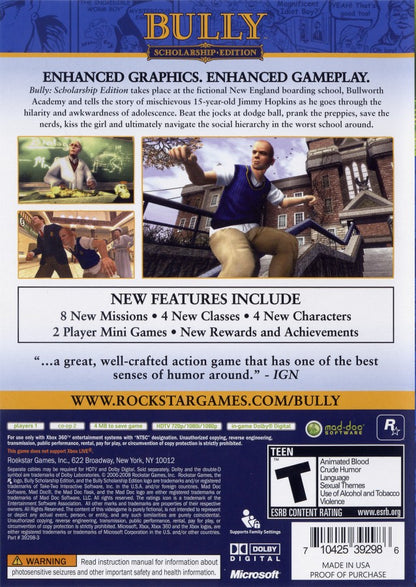 Bully Scholarship Edition Xbox 360 open-world school adventure with story missions pranks and classroom mini-games back cover art