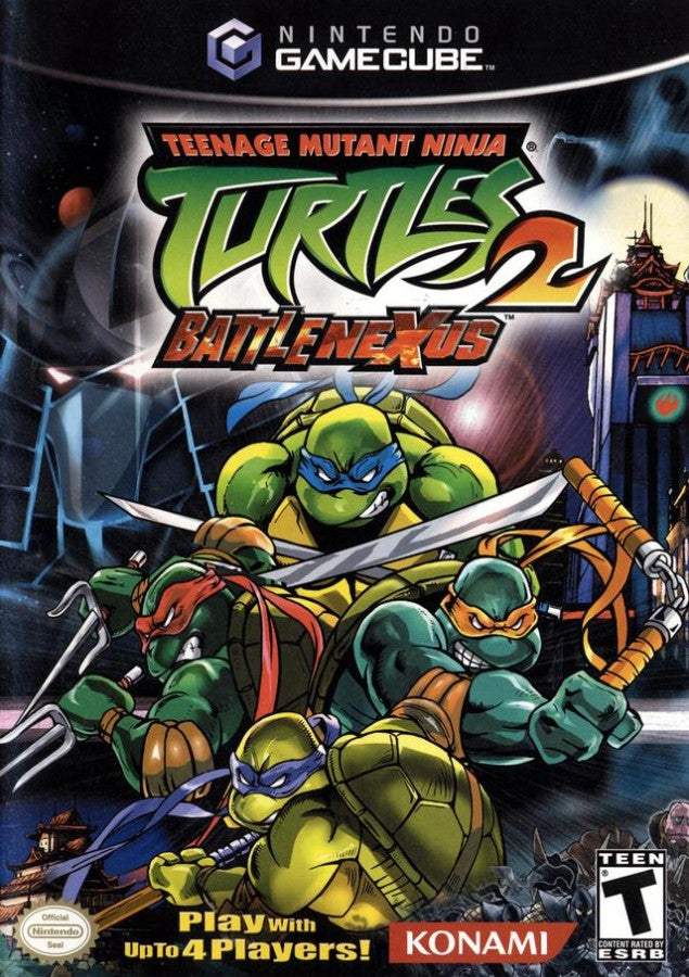 Teenage Mutant Ninja Turtles 2 Battle Nexus GameCube GC video game, action beat ’em up, cartoon-based gameplay, multiplayer, family-friendly, Nintendo GameCube title cover art