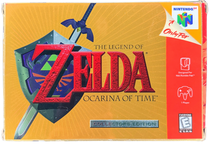The Legend of Zelda Ocarina of Time Collectors Edition Nintendo 64 N64 gold cartridge action adventure game Link Hyrule classic Zelda series puzzle solving dungeon exploration boss battles Nintendo retro gaming cartridge video game title front of box