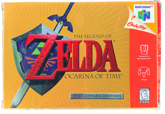 The Legend of Zelda Ocarina of Time Collectors Edition Nintendo 64 N64 gold cartridge action adventure game Link Hyrule classic Zelda series puzzle solving dungeon exploration boss battles Nintendo retro gaming cartridge video game title front of box