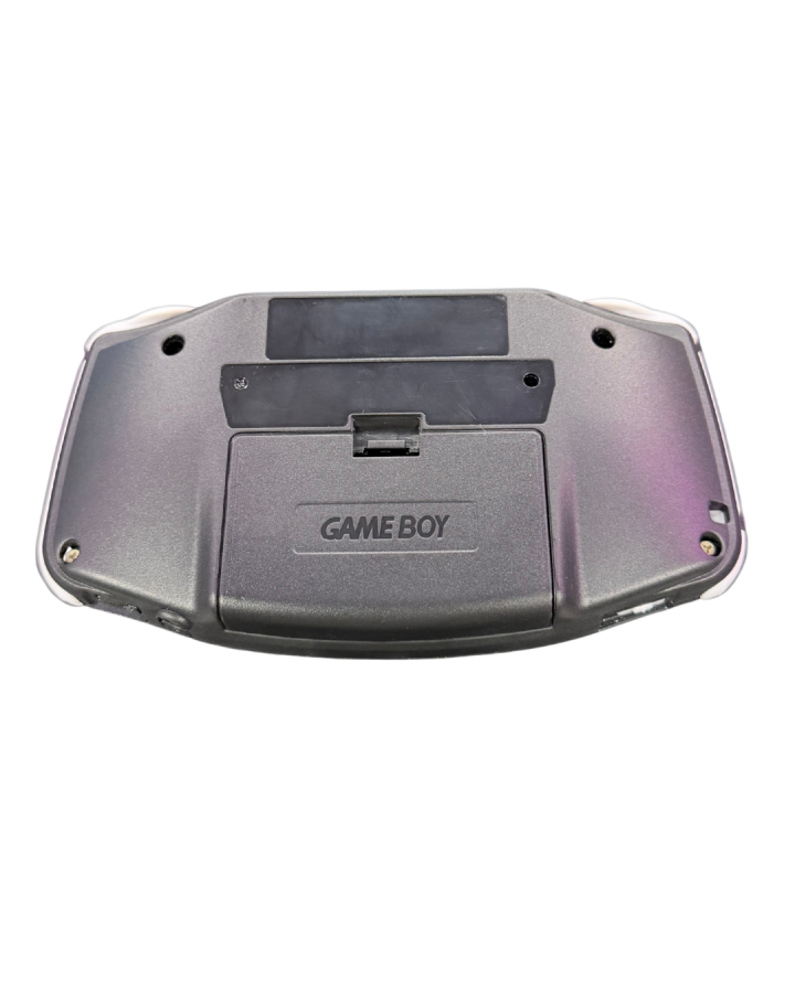 Game Boy Advance handheld system in black featuring horizontal design, color screen, rechargeable battery, and compatibility with Game Boy Advance cartridges for portable gaming