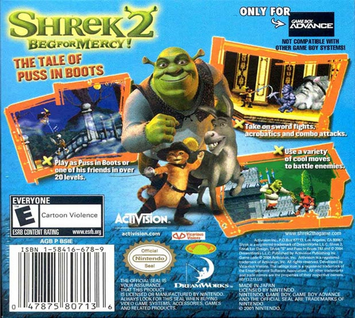 Shrek 2 Beg for Mercy for Game Boy Advance (GBA), back of box for a retro video game featuring action platforming gameplay, character-based combat, side-scrolling levels, and movie-inspired adventure challenges