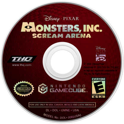 Disc Cover art for Monsters, Inc. Scream Arena GameCube GC video game, action party game, family-friendly, multiplayer, Pixar movie tie-in, Nintendo GameCube title