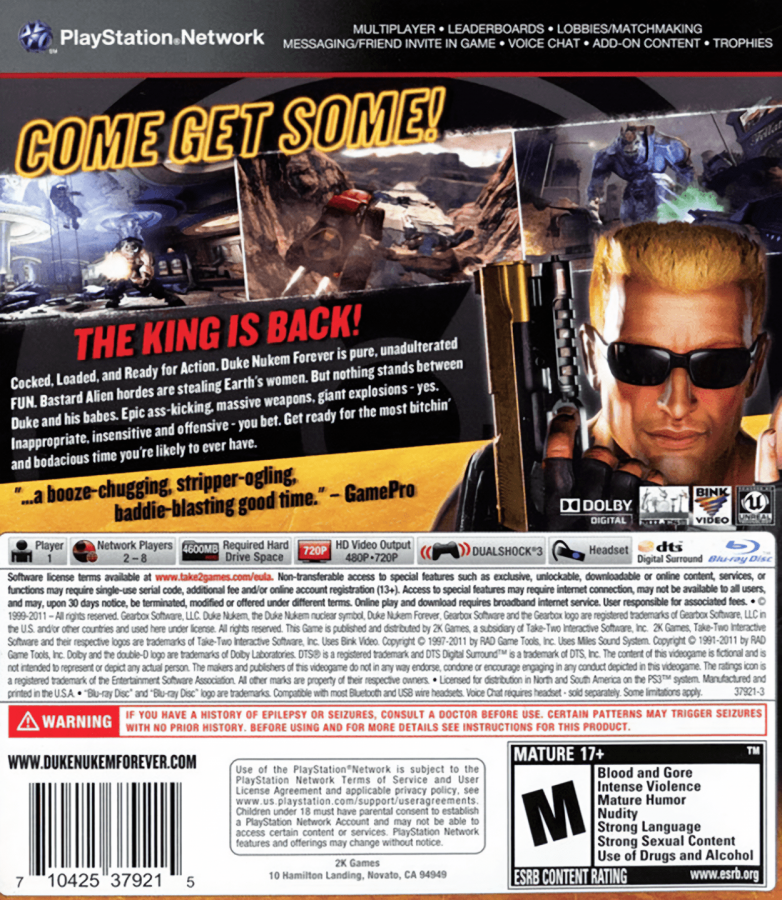 Duke Nukem Forever back cover art for PlayStation 3 (PS3) video game