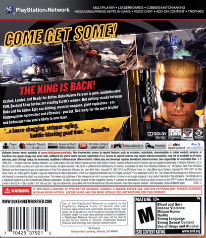 Duke Nukem Forever back cover art for PlayStation 3 (PS3) video game