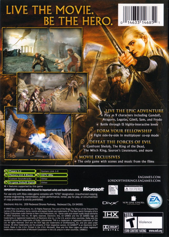The Lord of the Rings The Return of the King Microsoft Xbox Original Xbox video game featuring action adventure gameplay Middle earth exploration epic battles iconic Lord of the Rings characters sword combat cooperative gameplay story missions and fantasy adventure retro video game collection collectible gaming appeal back cover art