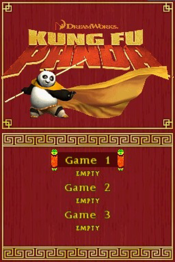 Kung Fu Panda for Nintendo DS, title screen for an action-adventure video game with martial arts combat, platforming gameplay, character-based missions, and movie-inspired storyline