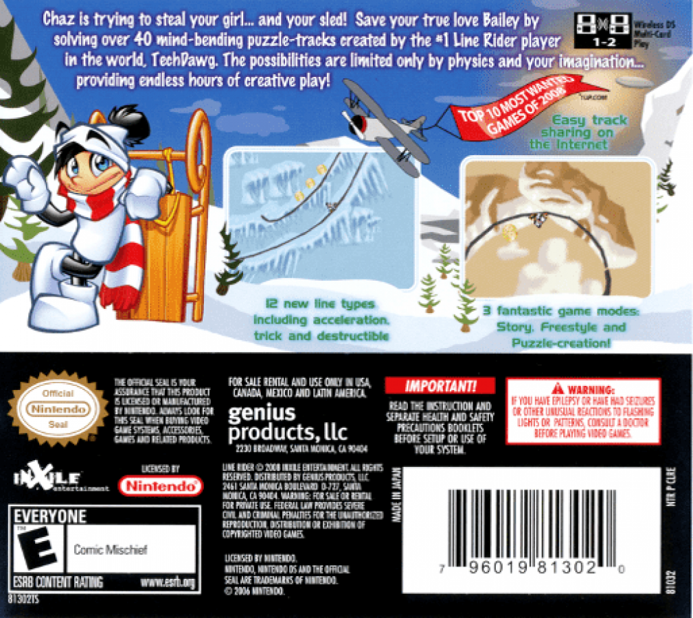 Line Rider 2: Unbound back of box for Nintendo DS (DS) puzzle physics simulation video game