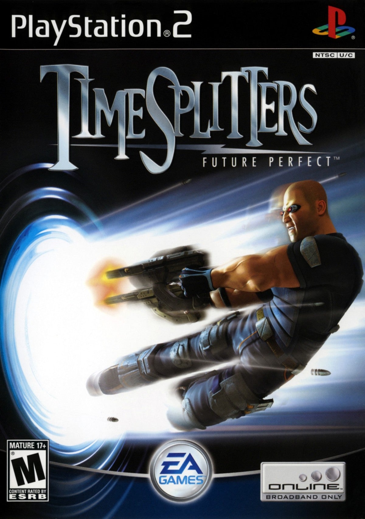 TimeSplitters Future Perfect PlayStation 2 PS2 video game featuring first person shooter gameplay time travel adventure action packed combat enemy battles weapon variety mission based levels multiplayer modes and classic 128 bit PlayStation 2 gameplay retro video game collection collectible gaming appeal cover art