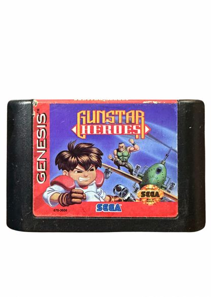 Gunstar Heroes Sega Genesis video game cartridge classic 16 bit action shooter for retro gaming collectors Sega fans vintage video game enthusiasts Genesis game collection and classic gaming enthusiasts cartridge front