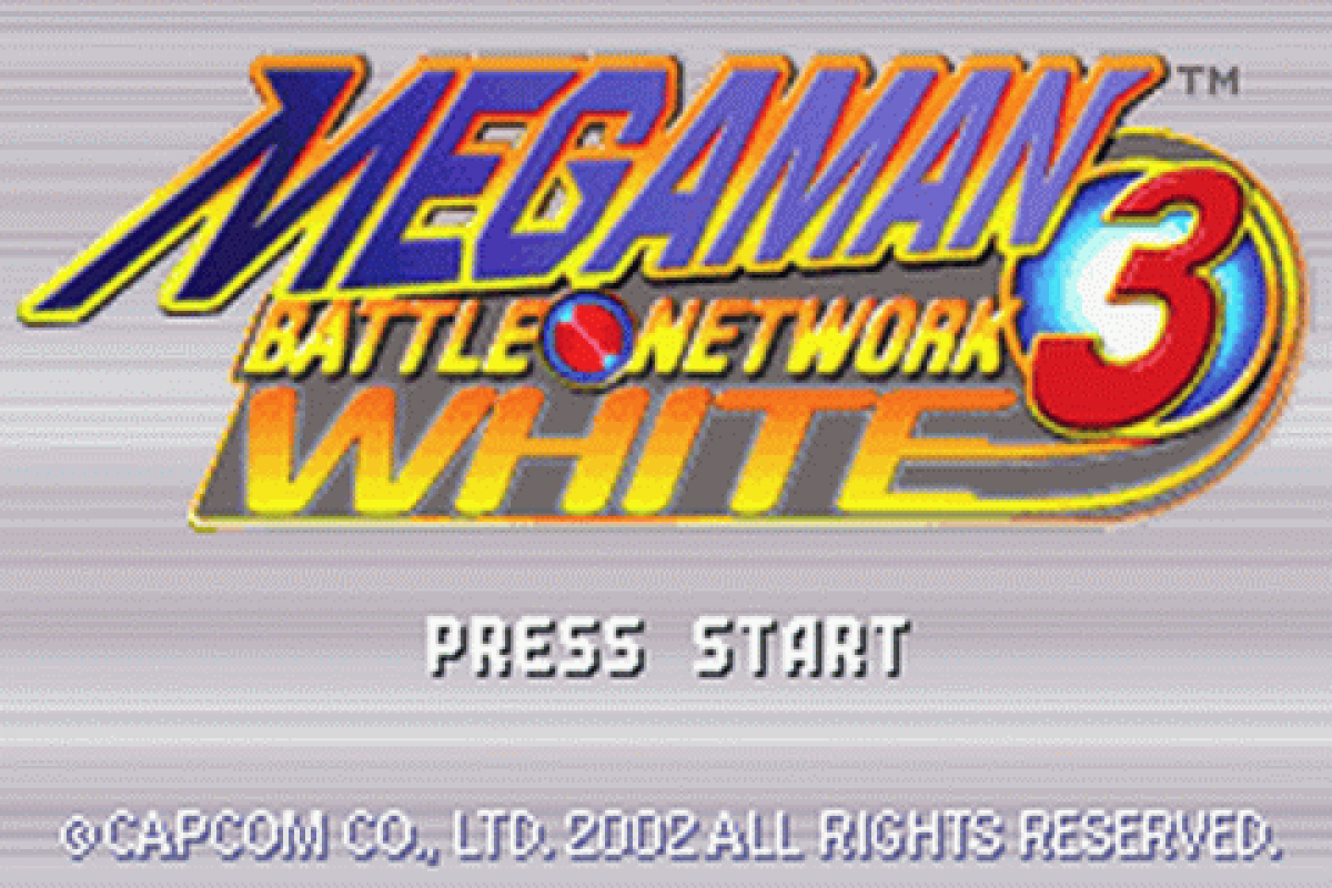Mega Man Battle Network 3: White title screen for Nintendo Game Boy Advance (GBA) adventure strategy video game.