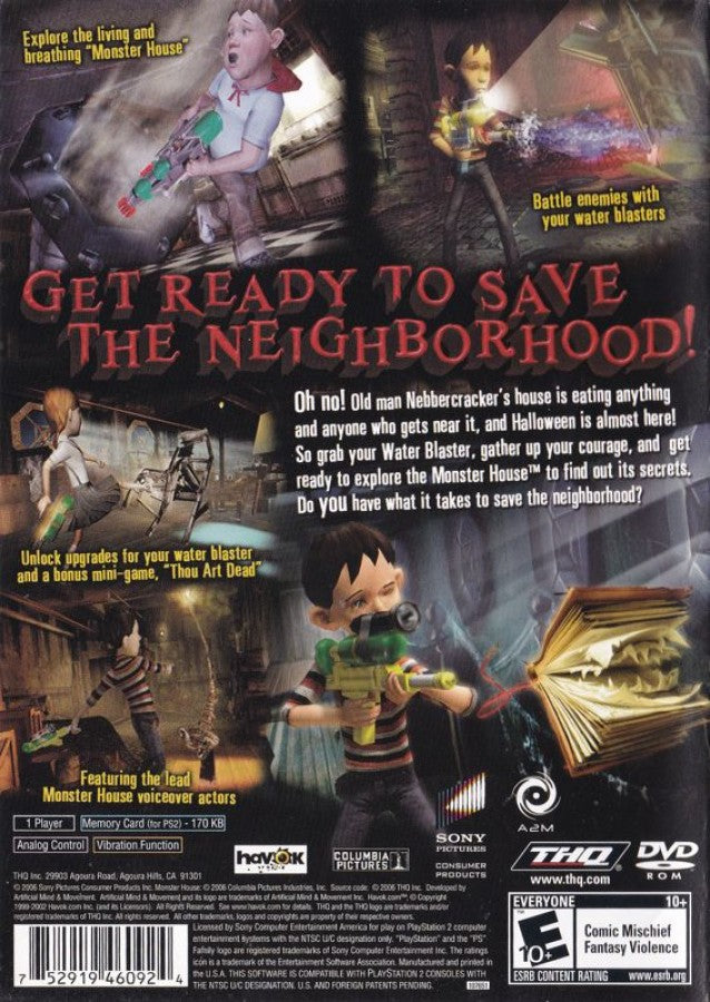Monster House PlayStation 2 PS2 video game, action adventure, spooky cartoon-based gameplay, movie tie-in, family-friendly console title back cover